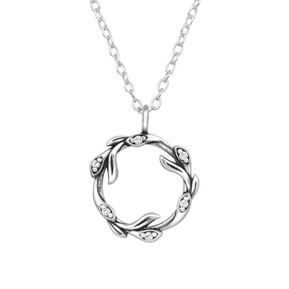 14k Gold Sterling Silver Round Wreath Pedant Necklace - Picture 3 of 17